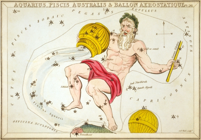 A representation of Aquarius printed in 1825 as part of Urania's Mirror, (including a now-obsolete constellation, Ballon Aerostatique south of it). - Sidney Hall - Wikimedia Commons